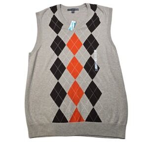 Old‎ Navy Argyle Sweater Vest Mens Large Tan Orange Black V Neck NEW